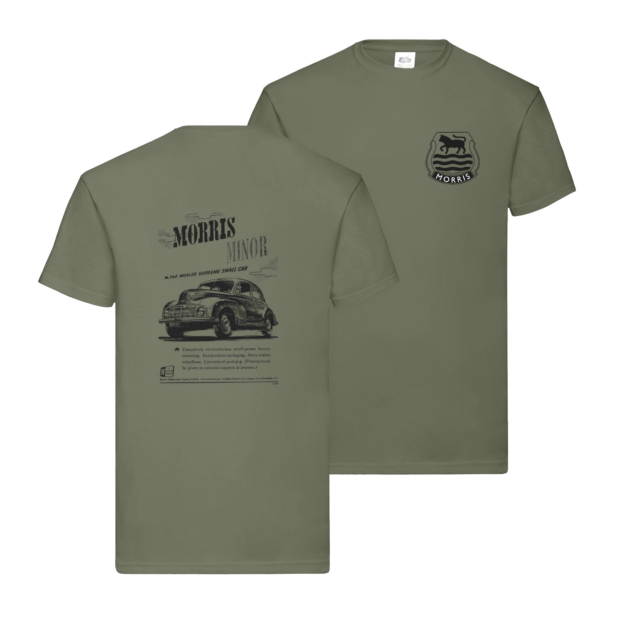Morris Minor Vintage Advert T-Shirt British Sports Car Licenced Product (UK, Alpha, XL, Regular, Regular, Olive Green)