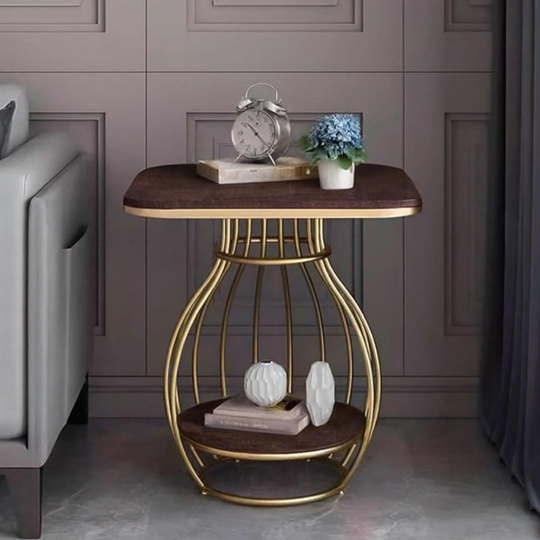 Modern Side Table Corners Living Room Square Table Double Tier Sofa Side Table,Round Base Coffee Table,Portable Bedroom Nightstands Small Space (Gold Brown)