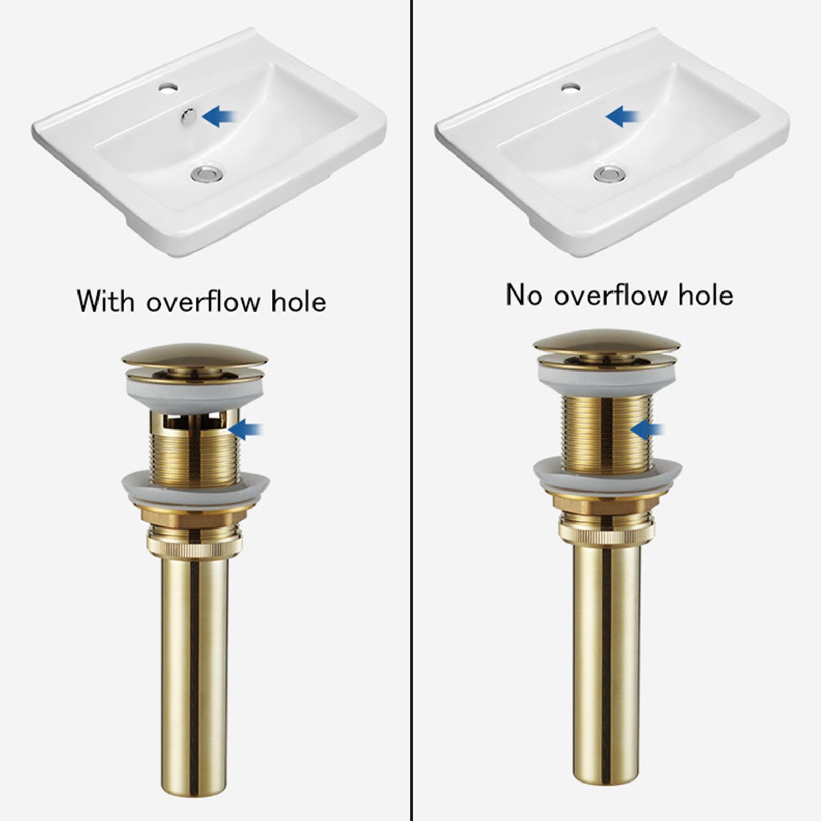 Piletta Lavabo Bagno Con Saltarello Piletta Lavabo Bagno Pop Up Piletta Lavandino Rame Pressare Tutto Scarico In Rame,Oro Spazzolato,Ci Sono Dei Buchi
