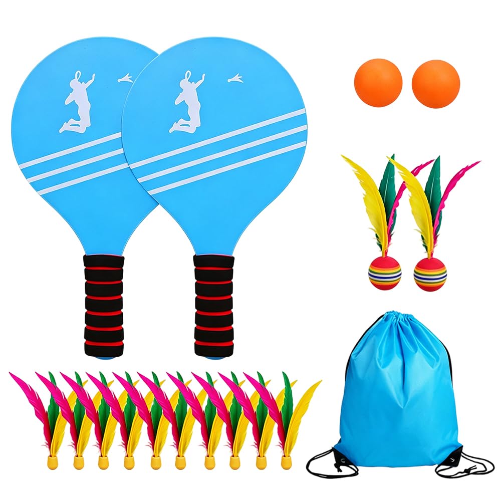 KQWVZ Beach Bat and Ball Set, Wooden Paddle Ball, Game Wooden Beach Bat Set - 2 Wooden Rackets 12 Birdies 2 Balls, Paddle Game Kit for Family with Storage Bag, Beach Game Toys for Family Boy Girls