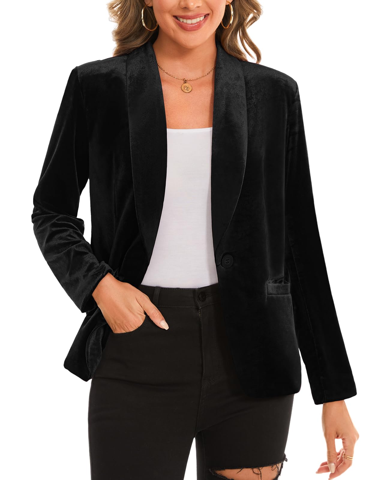 MINTLIMIT Womens Office Velvet Blazers Long Sleeve Shawl Collar 1 Button Open Front Lightweight Blazer Jacket with Pockets