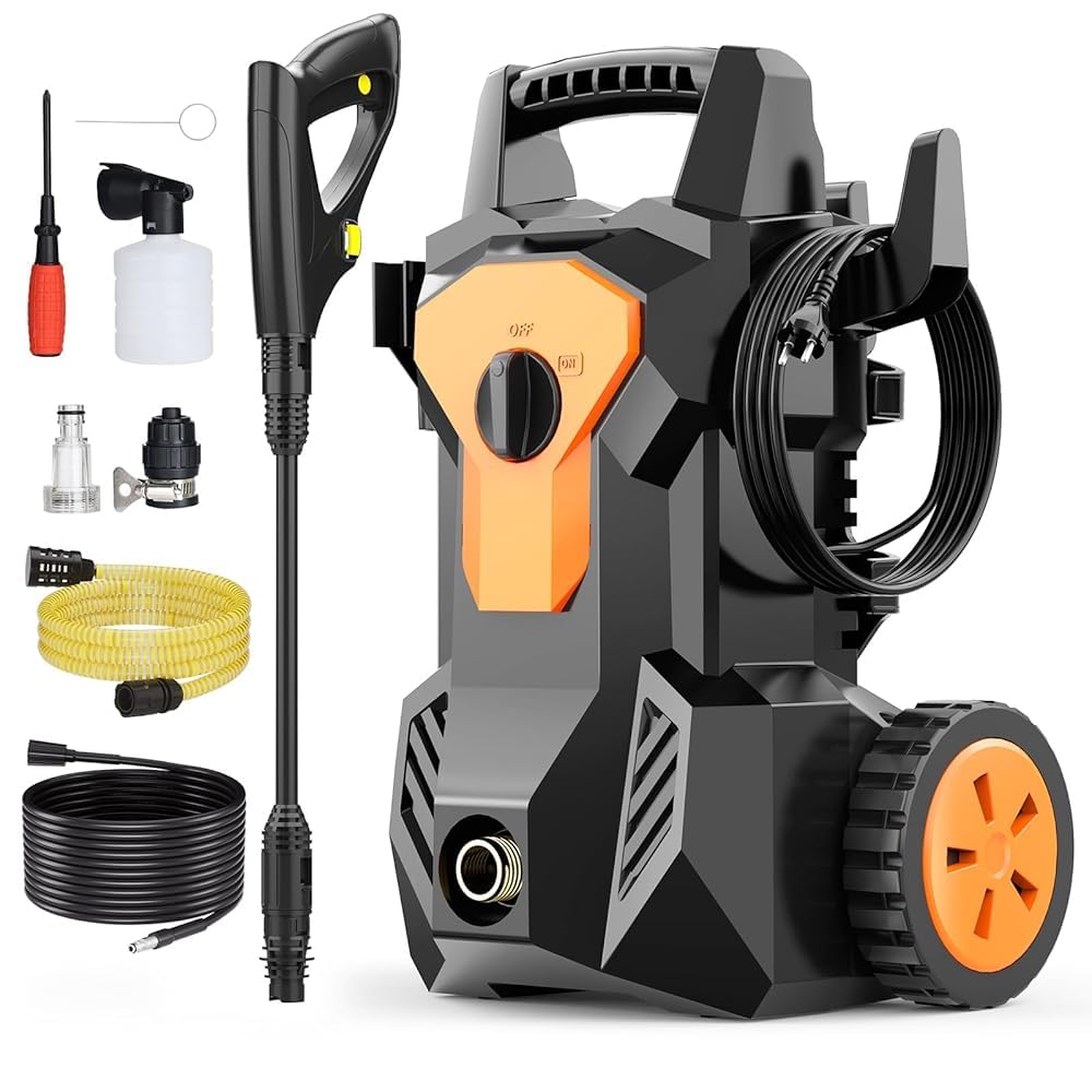 1600W Pressure Washers,140Bar 420L/H Jet Washers Protable Power Washer with Adjustable Nozzle, 8M High Pressure Hose, 2M Power Cord, Jet Washer with Foam Cannon for Patio Car Garden Driveway Fences