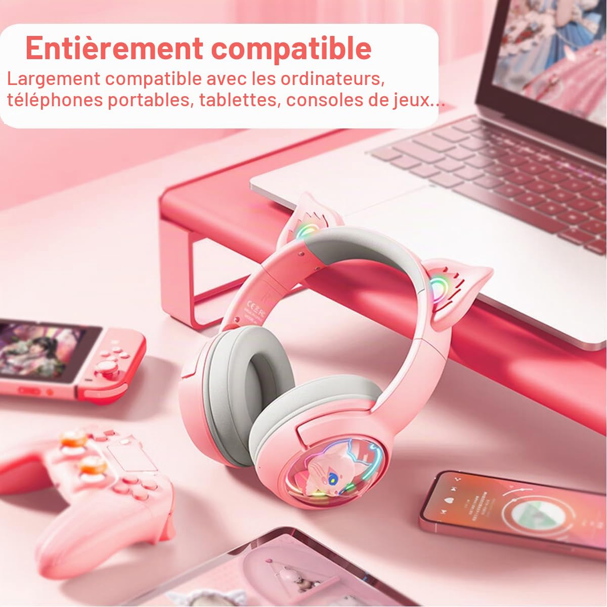 Casque Bluetooth sans Fil Gaming avec Oreille de Chat Rose | Ecouteur Gaming headset De Jeu USB Câblé, avec Microphone Lumière LED, Son Surround 7.1, Stéréo HD, Pour PC TV Téléphone
