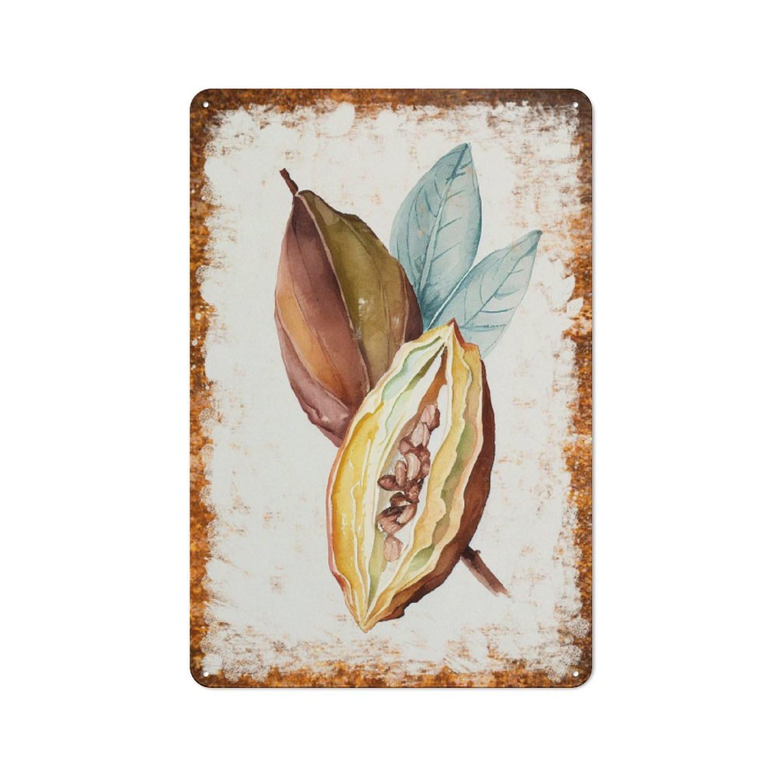 peiyeety Metal Tin Sign Retro Distressed Vintage Rustic Metal Cocoa Pod Watercolor Print Wall Art Decor for Home Kitchen Bedroom Bathroom Farmhouse Living Room Office Apartment 6x8 INCH