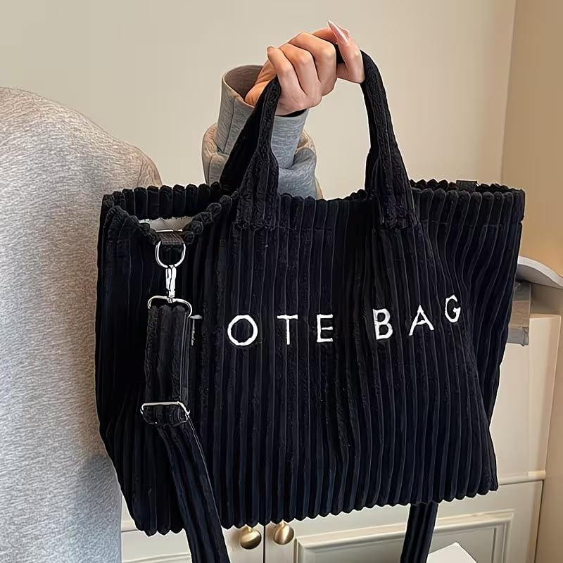 Image of Kawn Korean Tote Bag Aesthetic Corduroy Canvas Handbag for Women Zipper Casual Large Capacity Shoulder Bag with Pockets Versatile Everyday use for College Work Travel & Shopping