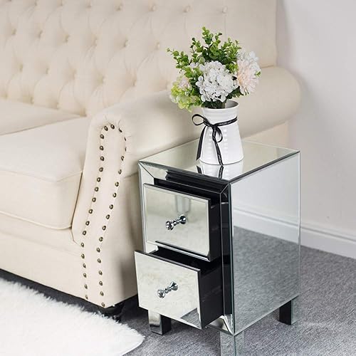 Miniatura 4 de NALLBEIRRAA Mesita de noche con espejo con cajones, mesa auxiliar de espejo plateada con acabado de espejo para sala de estardormitorio (plateado)