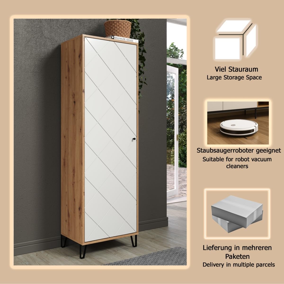 trendteam smart living - Touch - Garderobenschrank - Eiche/Weiß - Kleiderschrank mit ausziehbarer Kleiderstange - Soft-Close - Elegante Metallfüße - (BxHxT) 63 x 194 x 40 cm - Moderne Rautenfräsung