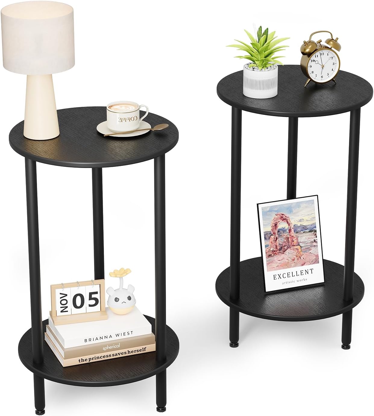 Juego de 2 mesas auxiliares redondas, mesa auxiliar redonda negra con almacenamiento, mesa decorativa moderna de 2 niveles, mesita de noche pequeña