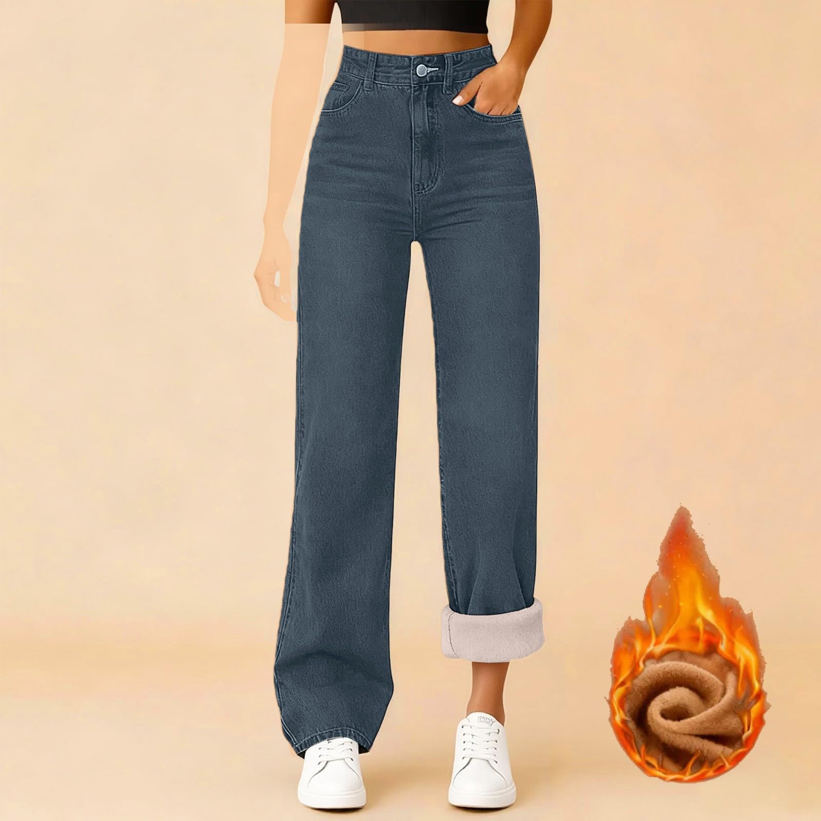 Generisch Pantalones vaqueros térmicos para mujer, forrados de invierno, pantalones térmicos para mujer, elásticos, pantalones largos de joggy, cintura alta, holgados, pierna recta, pantalones
