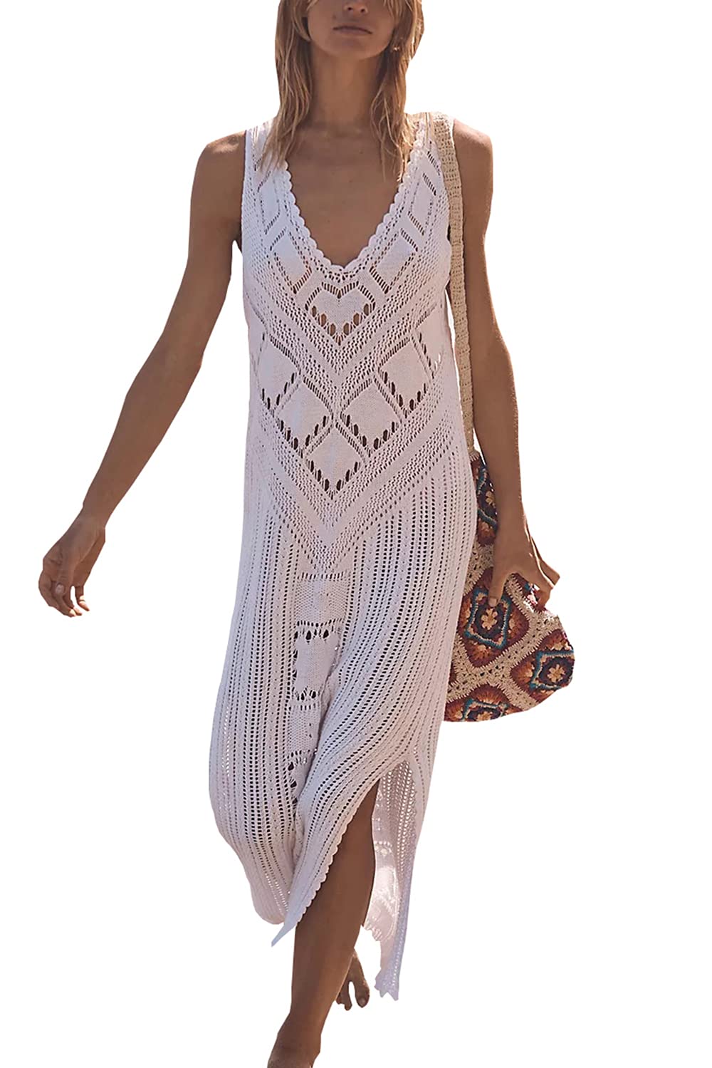 L-Peach Crochet Cárdigan de Punto Pareo de Playa Bikini Cover Up para Mujer