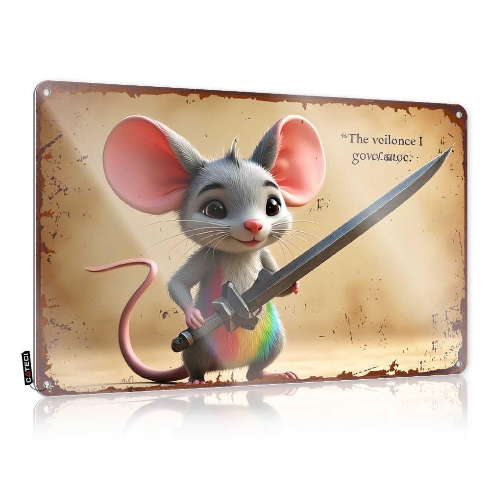 Fzfn Men's Colour Brave Mouse Warrior With Rainbow Tail Holding Sword Outside Decor Clearance Hanging | Industrial Posters Designer Vintage Metal Wall Decor(30X40cm)