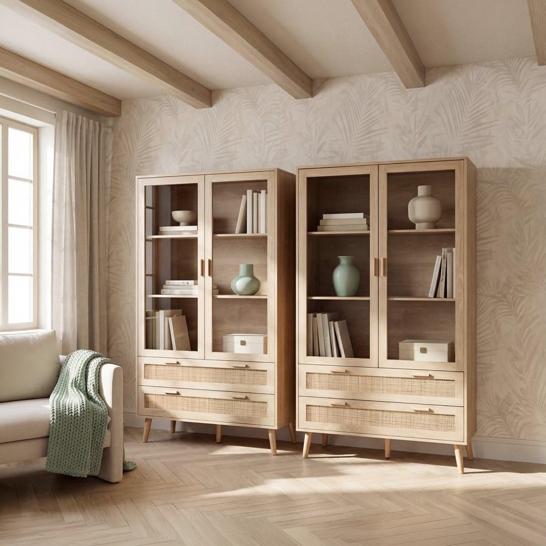 KLAST Vitrine en Bois et en Rotin Naturel avec Dos Portes Vitrees, Trois Etageres et Dos Tiroirs pour Le Rangement. Dimensions : 100 Cm x 170 Cm