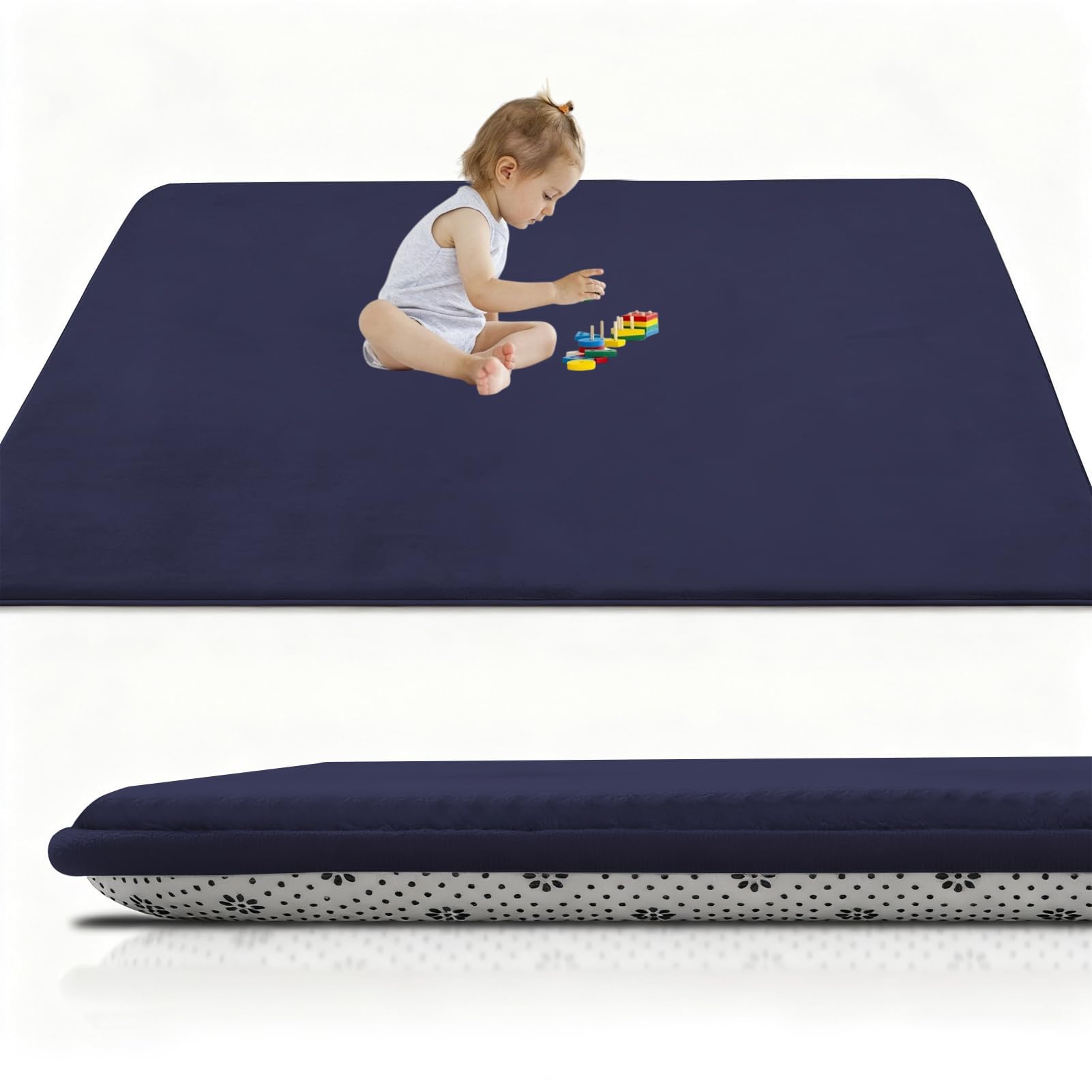 RxueSug Large Kids Crawling Play Mat, 50 x 80 cm Dark Blue Foldable Baby Play Mat, Large Thick Foam Playmat Waterproof, 2cm Non-Slip for Children, Toddlers & Babies, Playpen Mat f Outdoor Indoor