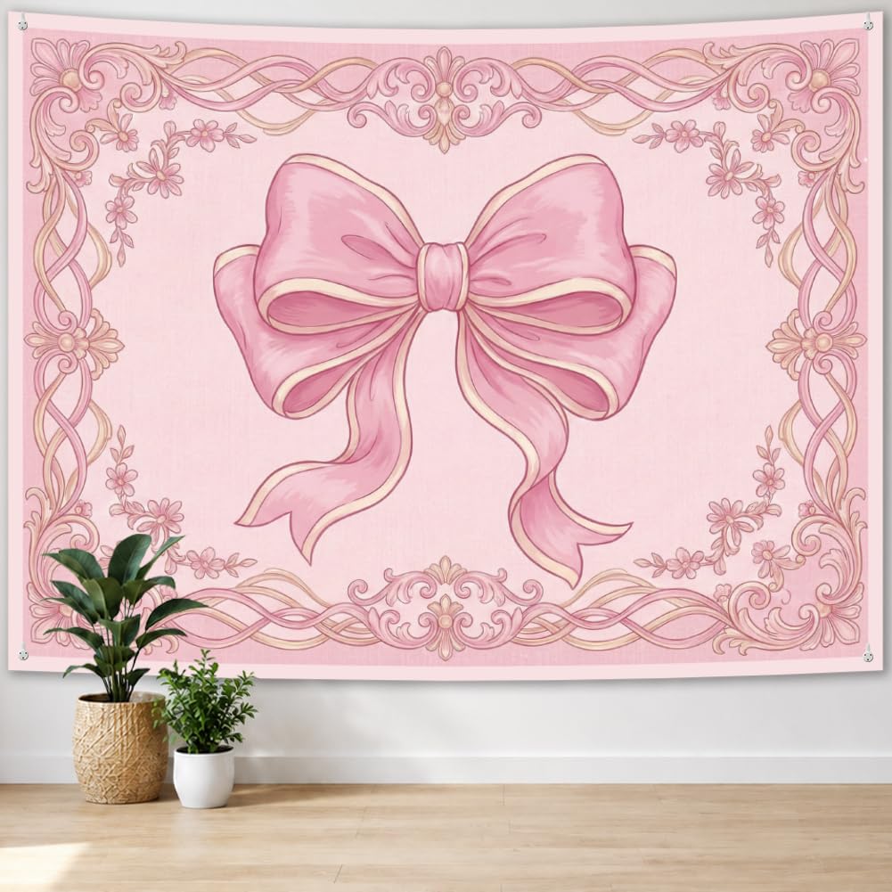 arricraft 1pc Polyester Backdrop Tapestries, Pink Bowknot Patterns Photography Background Decorative Tapestry and Wall Hanging Art for Party Porch Home Decor 35.43x47.24 Inches