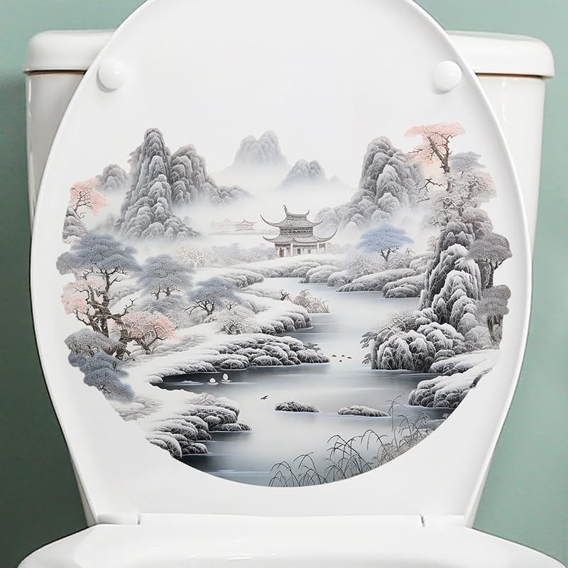 Landscape Painting Toilet Cover Sticker Decals,Retro Style Waterproof Toilet Lid Tank Seat Decals Cistern Self-Adhesive Bathroom Wall Sticker