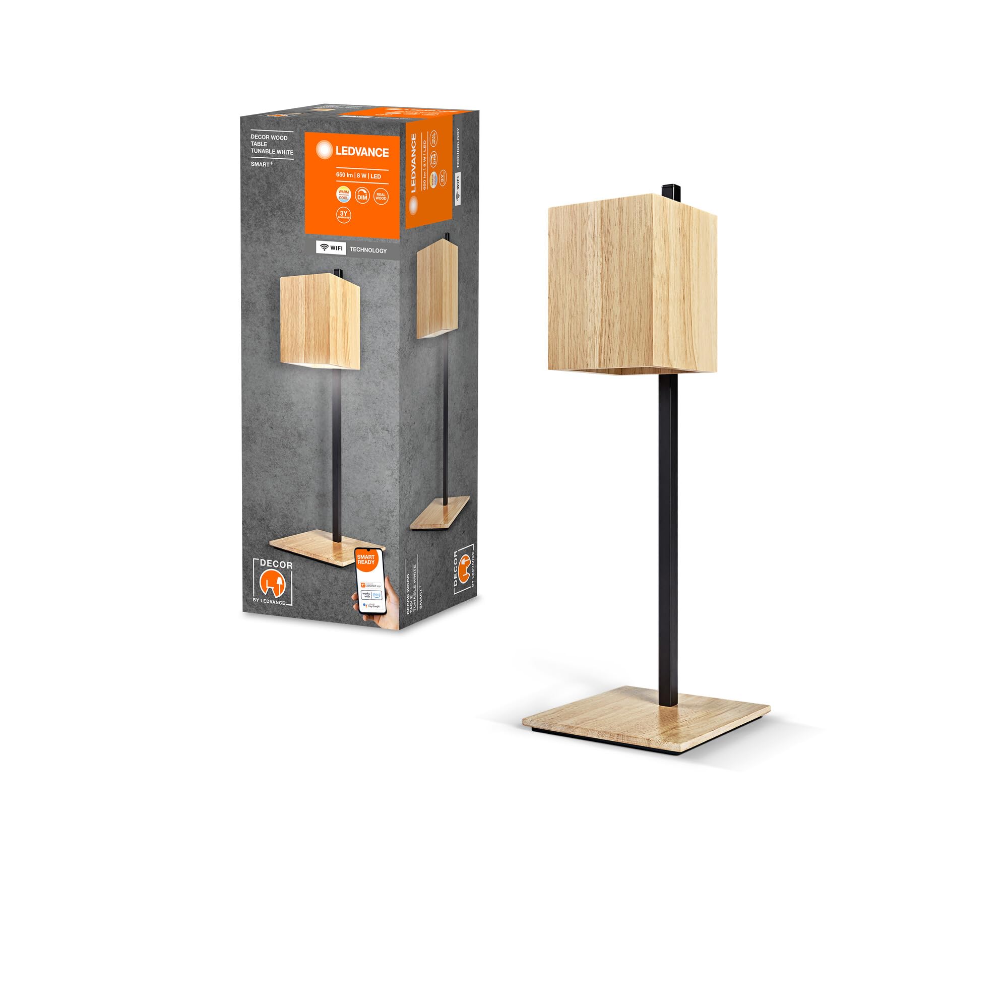 LEDVANCE SMART+ WiFi-Tischleuchte DECOR Wood, 8W, 650lm, regulierbares Weißlicht (3000K bis 6500K), dimmbar, FSC-zertifiziertes Holz, steuerbar per App, kompatibel mit Amazon, Google und Co.