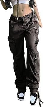 Women Girls High Waist Cargo Pants Straight Wide Leg Baggy Jeans Y2K Gothic Denim Pants Pockets Streetwear Color Gray, Size L
