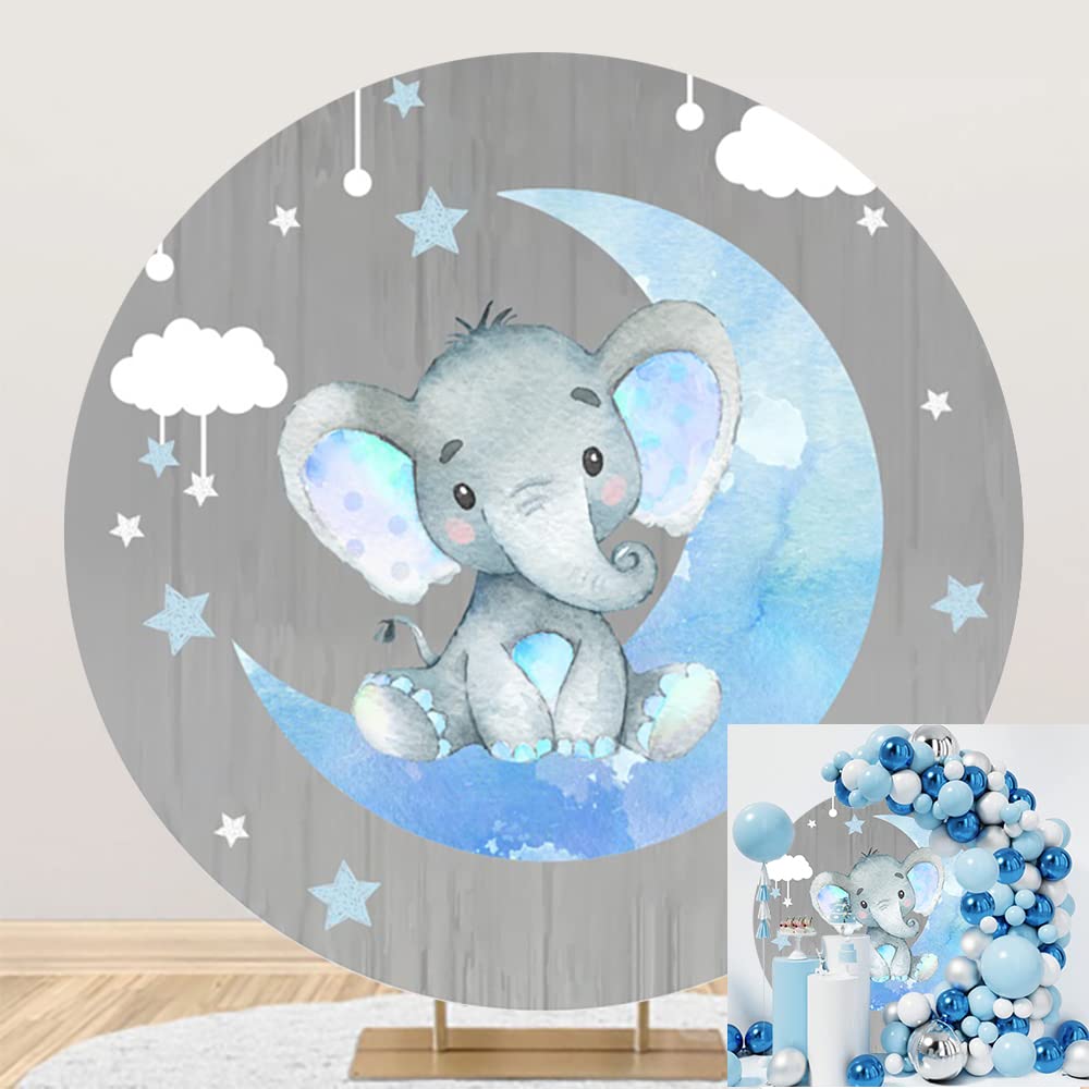 OERJU Elephant Moon and Stars Baby Shower Round Backdrop, 6.5x6.5ft, Blue Polyester, Includes Backdrop and Installation String, Perfect for Wedding,