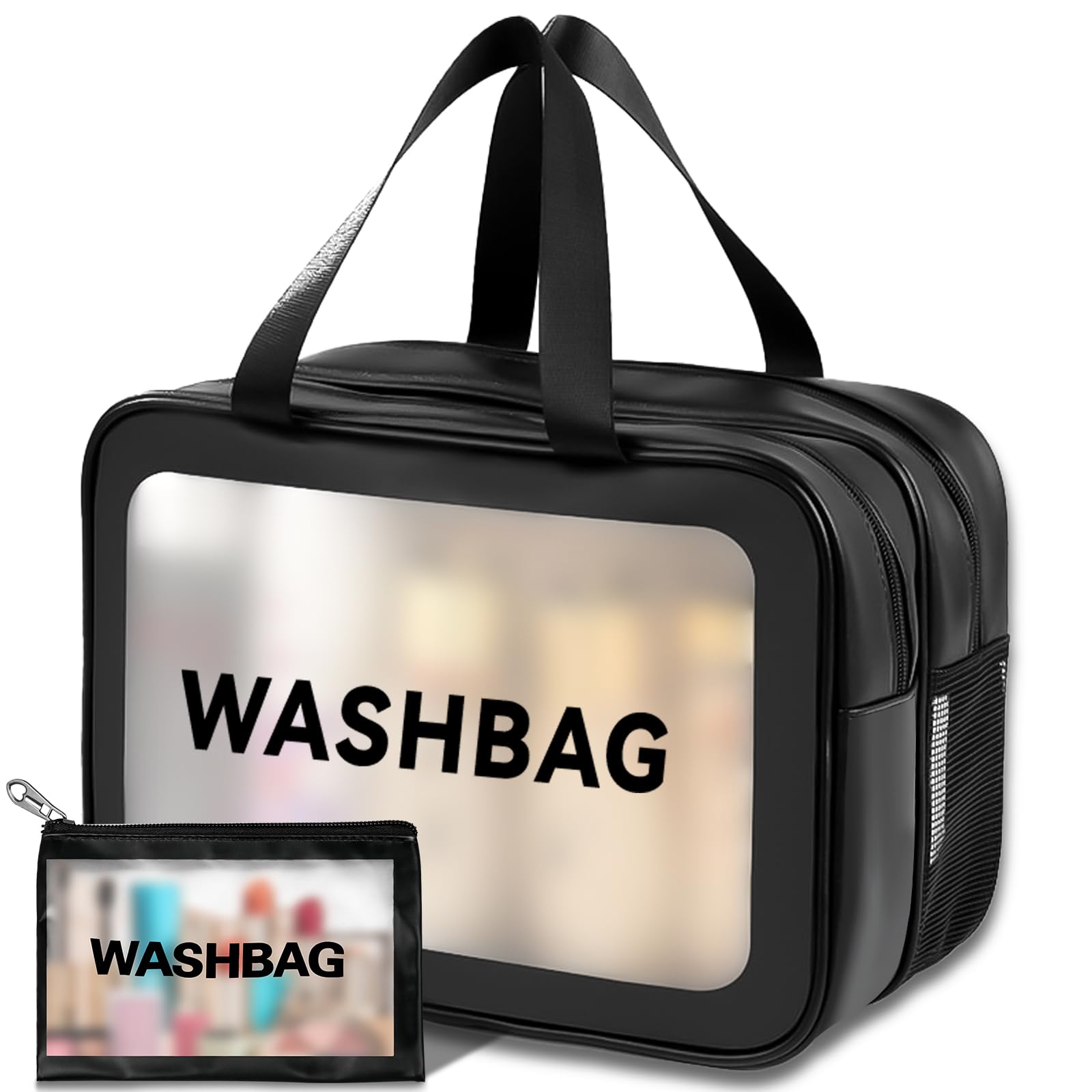 benlidoner2 Pcs Travel Toiletry Bag Clear Makeup Bag 2 in 1 Portable Wash Bag PVC Waterproof Cosmetic Bags for Women and Men (Black)