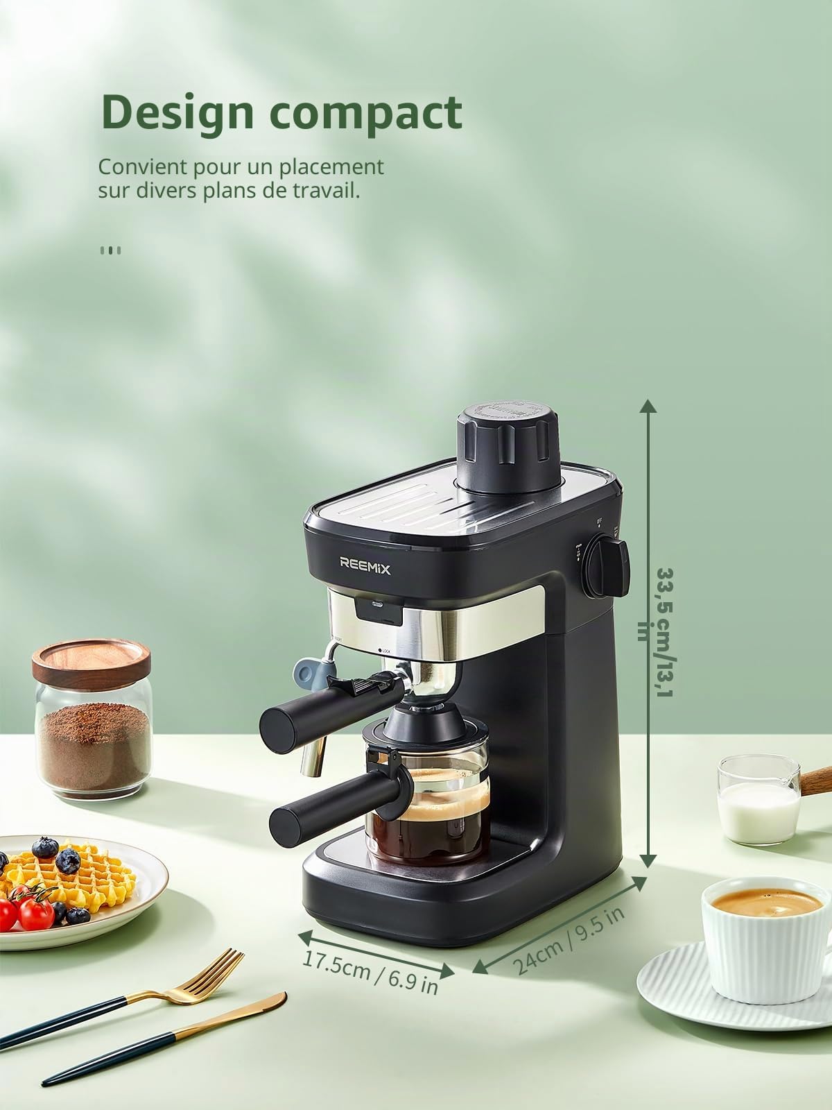 Reemix Machine à expresso 3,5 bar avec buse de mousse de lait professionnelle, en acier inoxydable, pour cappuccino, latte et macchiato Noir