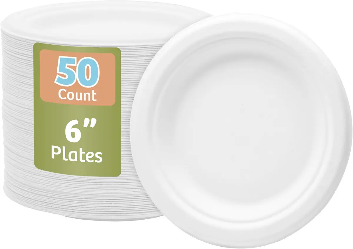 Nicole Home Collection Compostable Heavy Duty 6&#34; Disposable Paper Plates 100% Bagasse Biodegradable Eco-Friendly Natural Sugarcane 50 Count