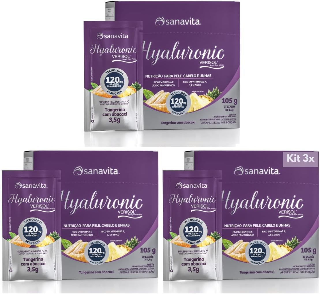 Kit 3x Hyaluronic Verisol Sanavita – Ácido Hialurônico 120mg com Colágeno Verisol (90 sachês) (Kit 3x Neutro)