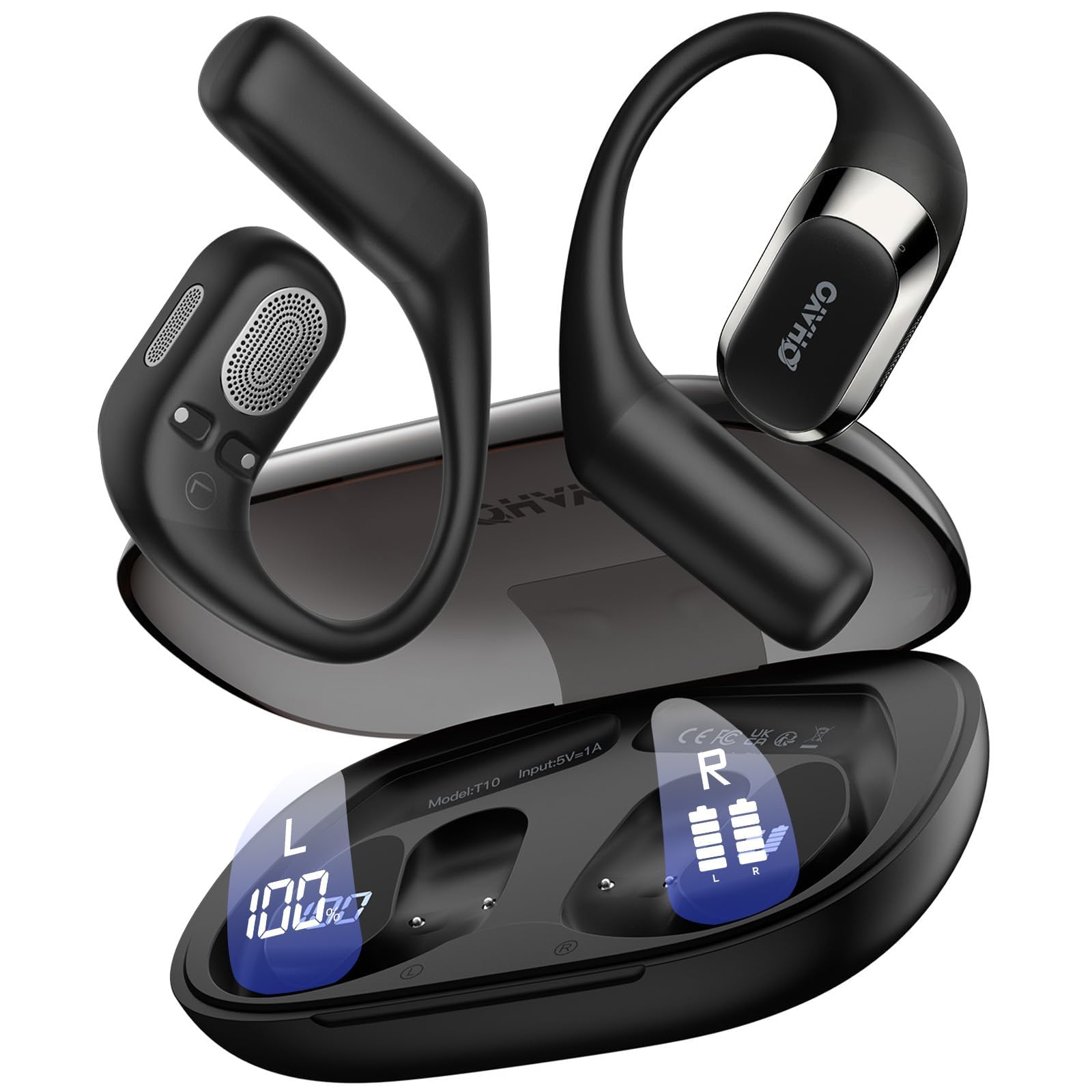 OHAYO Open Ear Kopfhörer Komfortabel, Bluetooth Kopfhörer Sport, 40h Wiedergabe, Fester Halt, Starker Bass, Kopfhörer Kabellos mit ENC Noise Cancelling Mic, Digital Display, IPX6 Wasserdicht