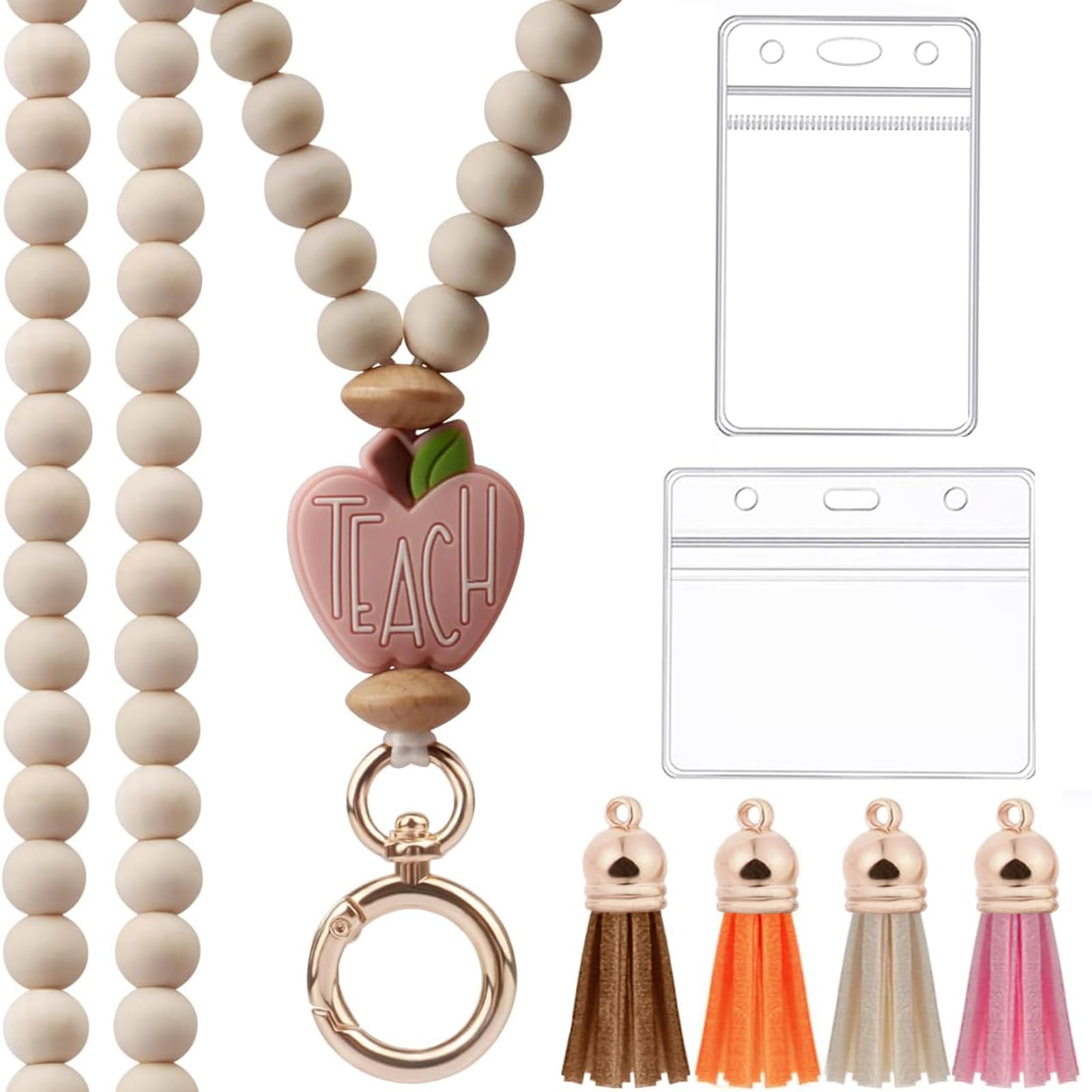 Teacher Lanyard with ID Holder, Fashion Wood Beaded Lanyard for Key,Cute Boho Breakaway for Women,for ID Badges Woman Teacher Nurse Office-image-47