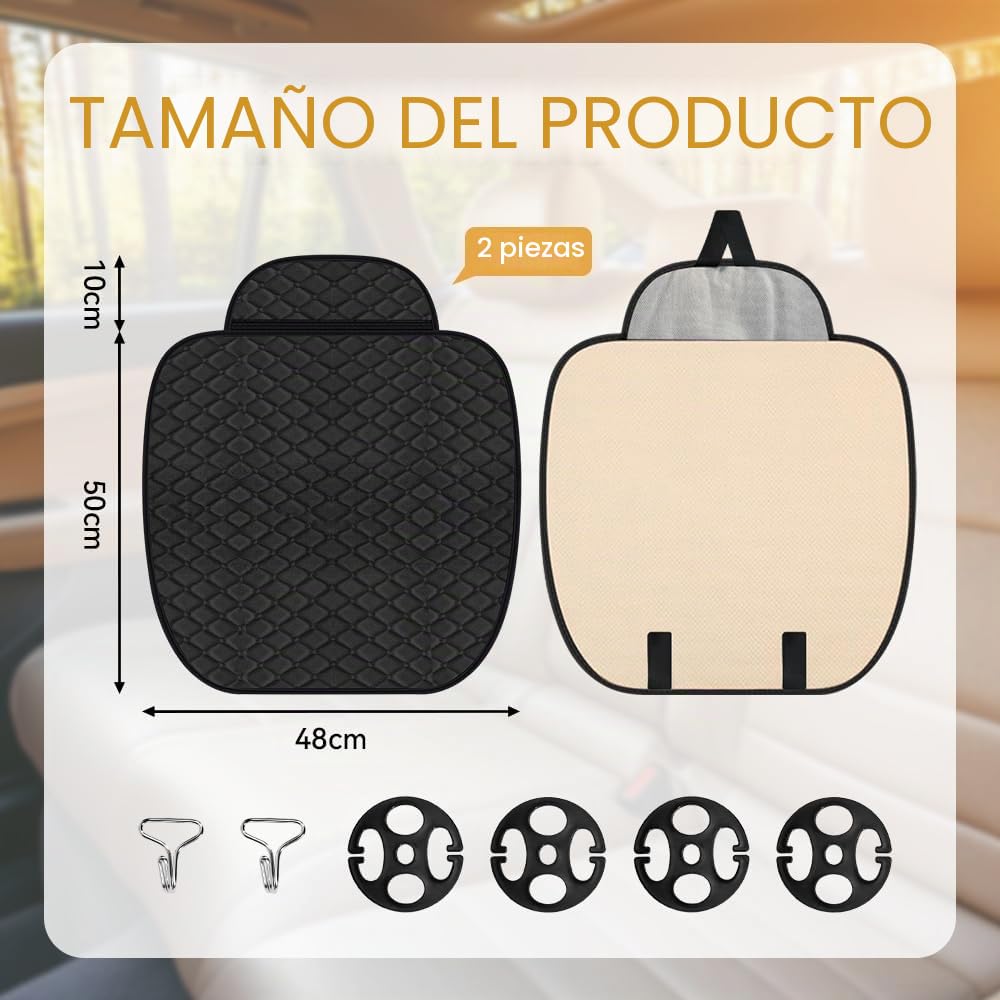 Kleemeiero 2 PCS Cojines para Coche Asientos Delanteros 60x48cm, Funda Asiento Delantero Universal Negro, Cojín para Asiento Conductor Antideslizante con 4 Portabrocas y 2 Gancho para Coche y SUV