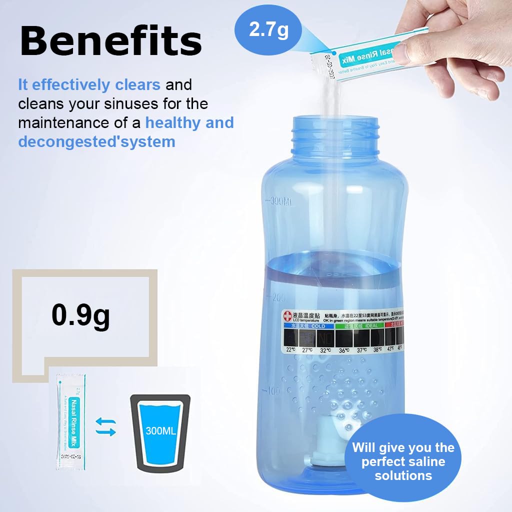 HANNEA Jal Neti Bottle 300ML, 2 Nozzles, 40 Salt Packs, Nasal Rinse Kit 2