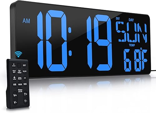 Reloj de Pared Digital Grande con Control Remoto, Pantalla LED Grande de 17.2" con Temporizador, Temperatura, Fecha, Semana, DST Automático, Brillo