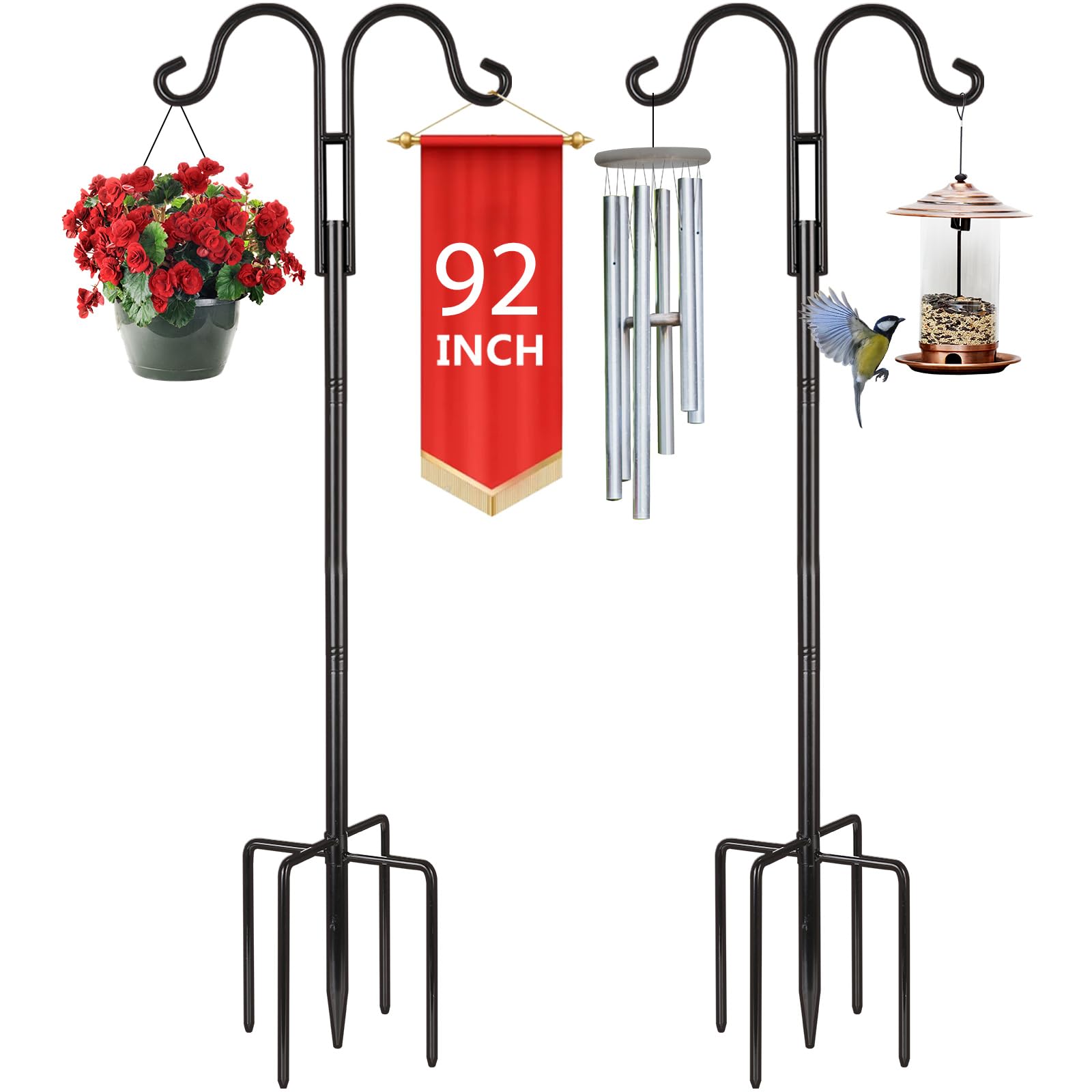 oathx Tall Shepherds Hook for Outdoor, 2 Pack 92 inch Bird Feeder Pole for Outside with 5 Base Prongs, Garden Hooks for Bird Feeder, Solar Light, Plant Hanger, Wedding Decor