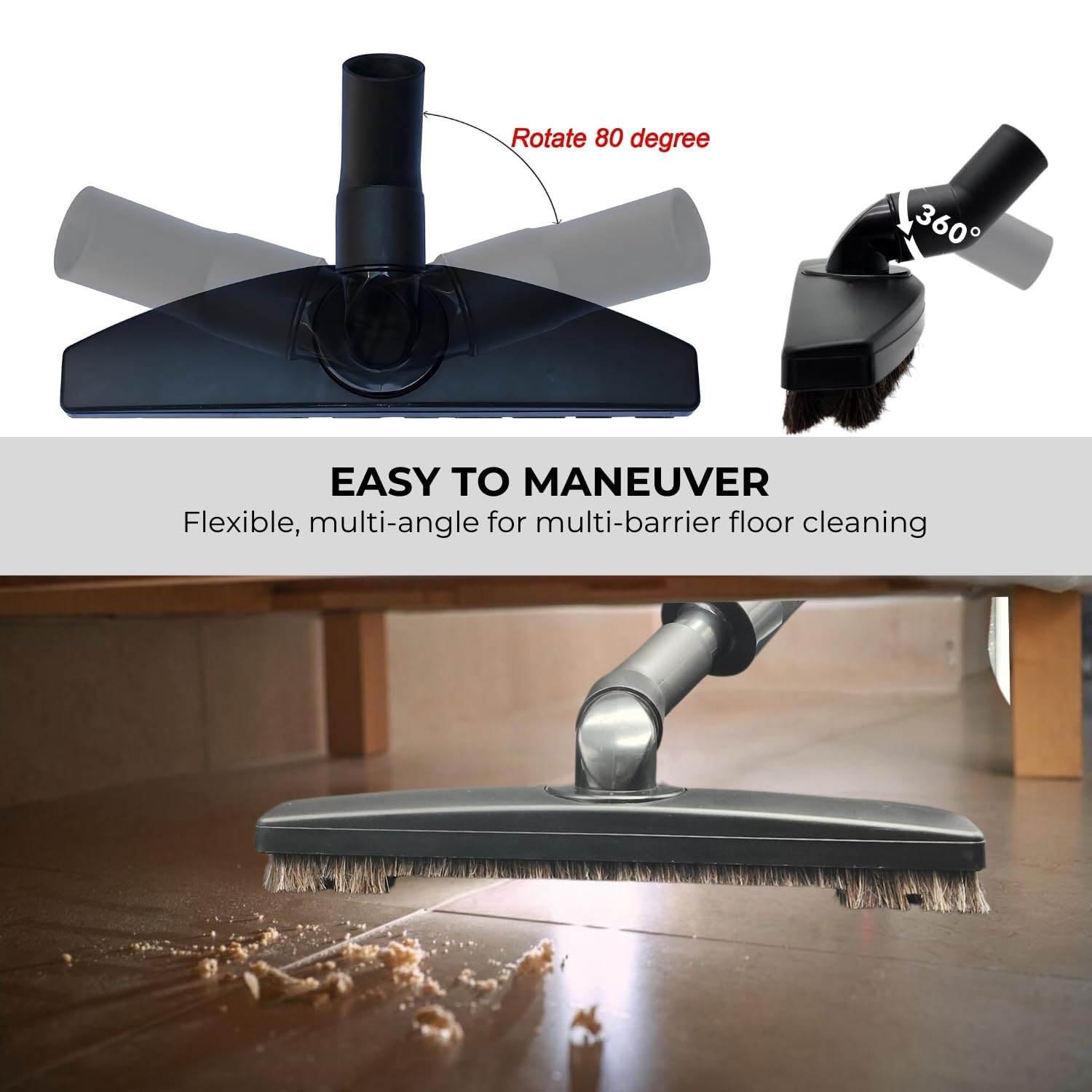Cepillo de piso al vacío y varita telescópica con conexión de 32 mm y adaptador de 1-3/8 pulgadas a 1-1/4 pulgadas | Funciona en alfombras bajas y todos los suelos | Accesorio de piso de madera dura