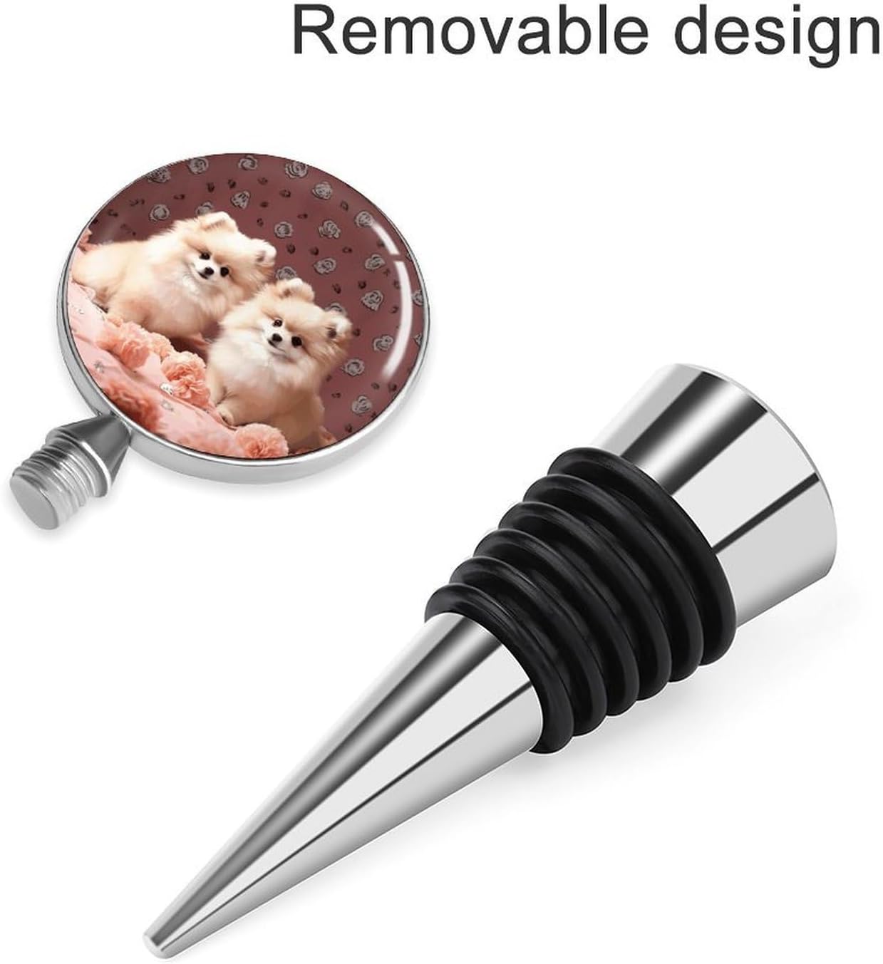 Pomeranians Puppies And Point Wine Stopper Keep Fresh Reusable Wine Cork with Rubber Suitable for Standard Leak Proof Zinc Alloy Bottle Stopper for Gifts, Bar, Wedding, Holiday Party