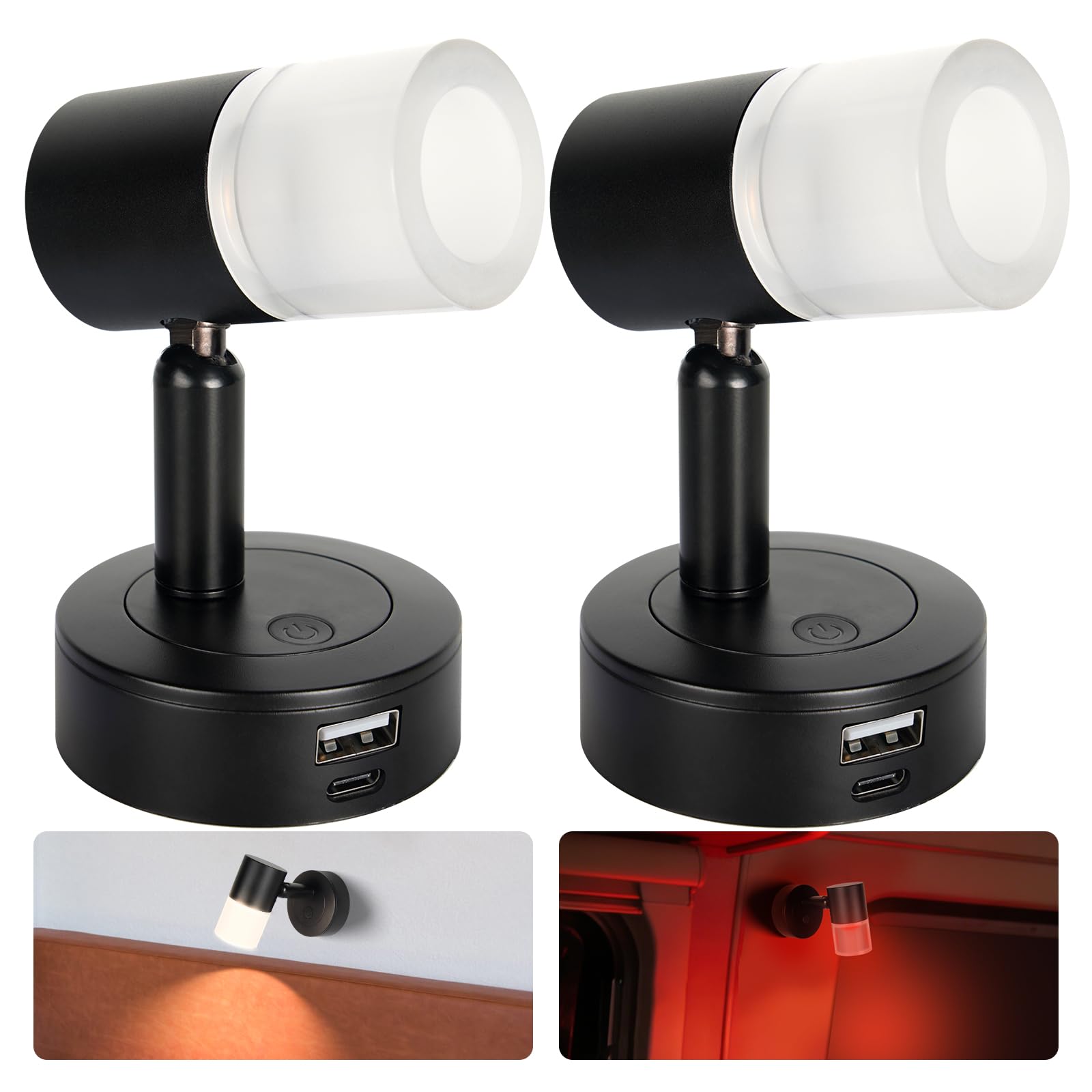 acegoo 12V Leselampe Wohnmobil LED Dimmbar Bett Lampe mit USB-Schnellladegerät, Acryl Spot 24VDC für Boot Wohnwagen Camper Van Yacht Innenbeleuchtung, Fest verdrahtet 3200K/rote Nachtlicht Schwarz