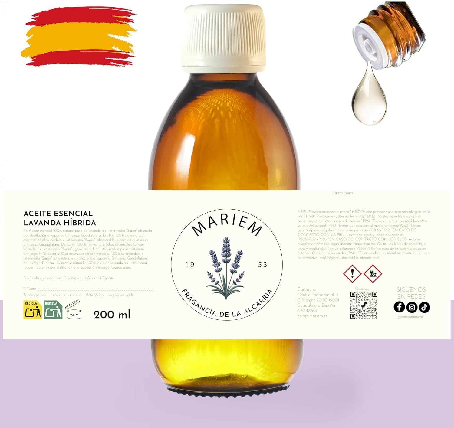 Mariem Lavendelöl 200 ml – Ätherisches Öl naturrein für Diffuser, Massage, Raumduft – 100 % Lavendel Essenz (Packung mit 2)