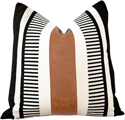 Fundas de almohada de estilo rústico a rayas de 26 x 26 pulgadas, fundas de almohada decorativas de piel sintética en blanco y negro para sofá,