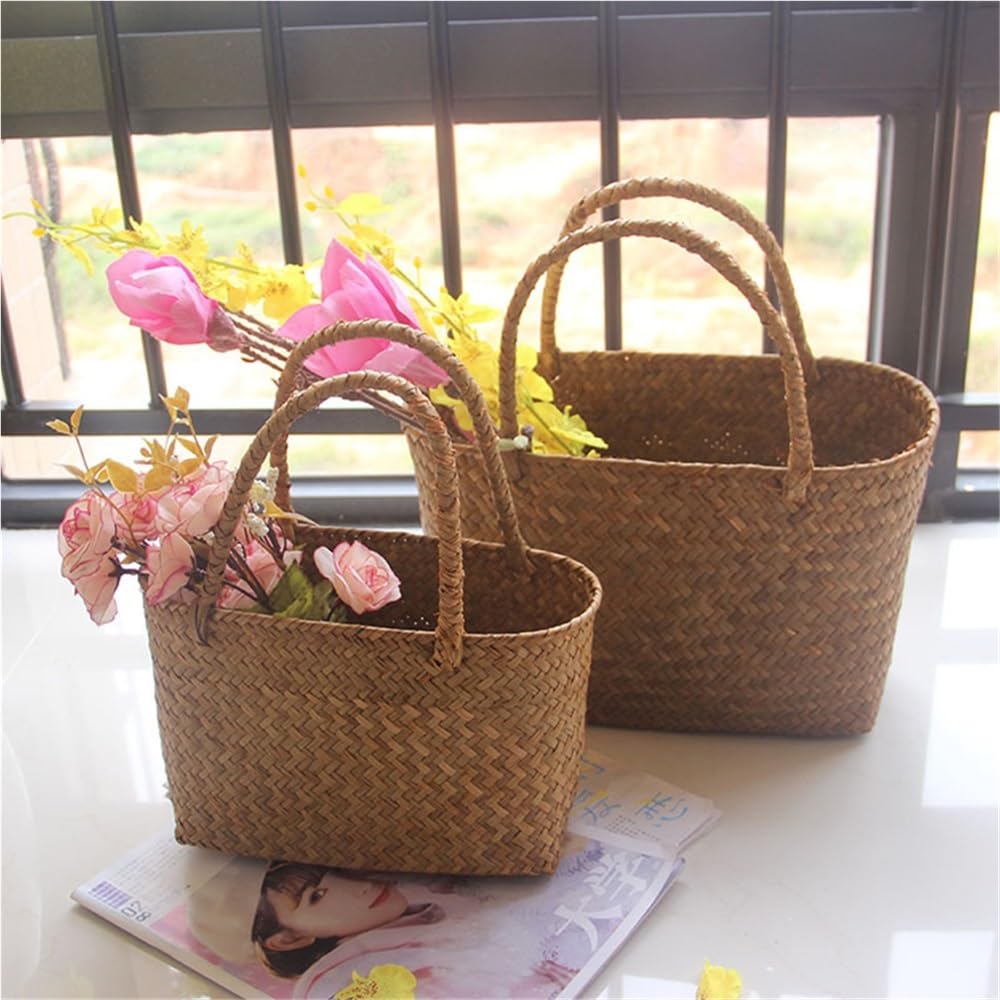 Panier de rangement tissé aux algues jonc de mer naturel vêtements faits à la main panier à linge paille osier rangement rotin pot de fleurs sac de plage (34x14x21cm)