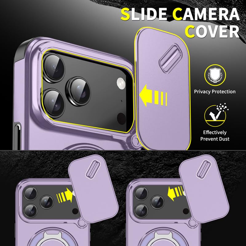 Image of LuxuryKase Shockproof Rugged Case for iPhone 17 Pro | Slide Camera Cover | 360 Rotating Ring Kickstand | Military-Grade Protection - Lavender Purple