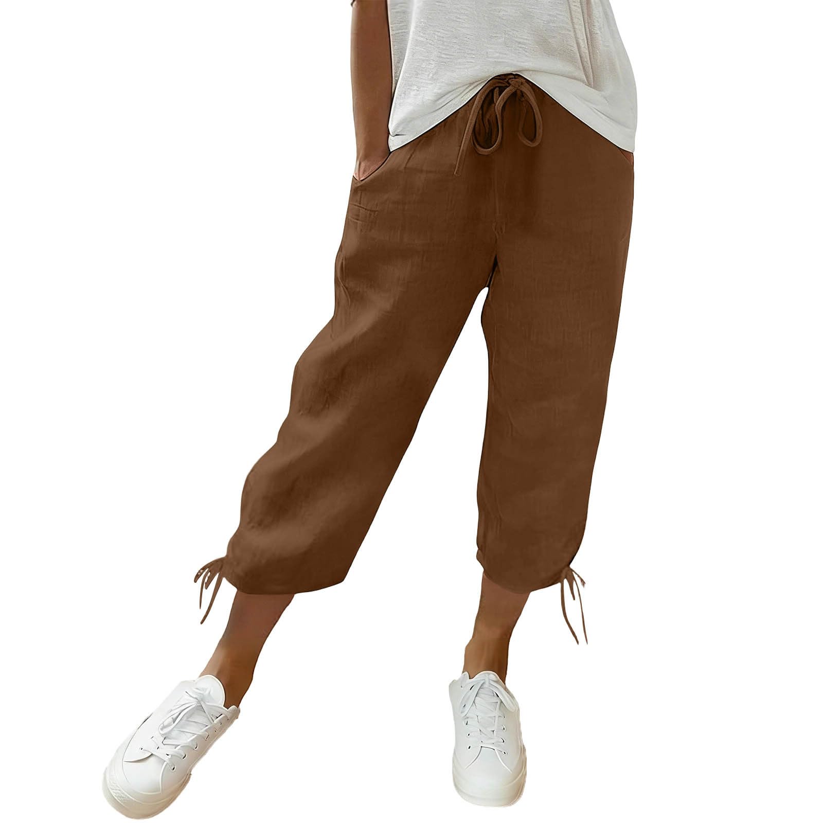 Women's Cotton Linen Capri Pants Elastic Waist Drawstring Casual Loose Summer Lightweight Cropped Trousers Comfy