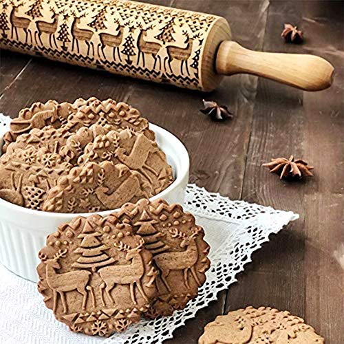 Christmas Engraved Designs Rolling Pin Embossed Wooden 3D Rolling Pins With Handles For Christmas Baking Cookies (14In 4Pack) #TOP6