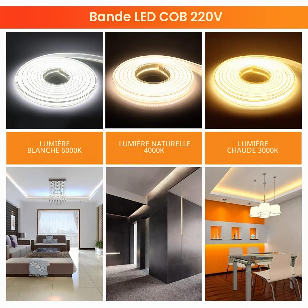 Ruban LED, COB Bande LED 220V avec Interrupteur IP65 Etanche Bande Lumineuse Super Lumineux 360 LEDS/M Ruban Flexible Strip (Blanc, 10M)