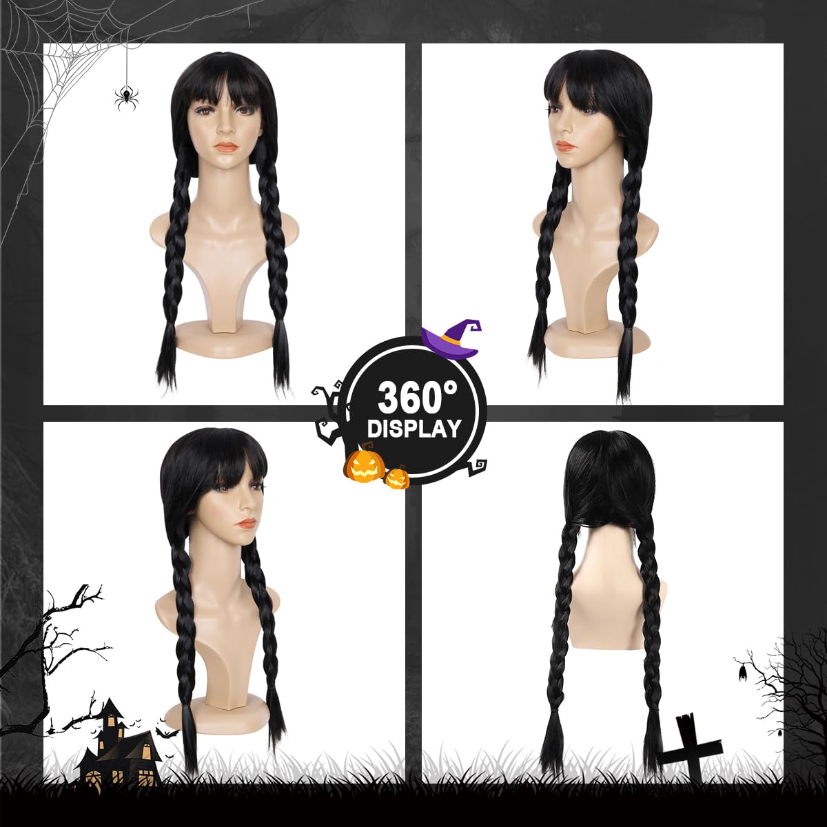 QUEENTAS 19Inch Long Braided Wigs for Women Black Long Straight Hair Costume Wigs for Halloween Party Cosplay - Image 3
