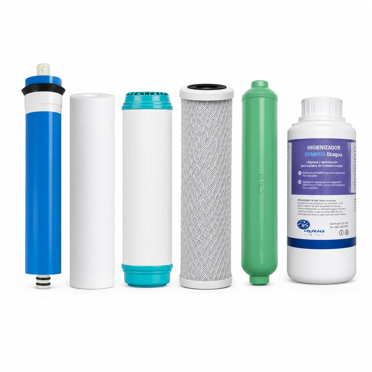 Bbagua Kit Mantenimiento Ósmosis Inversa 50 GPD con Membrana, 3 Prefiltros de 10”, Postfiltro Remineralizante e Higienizador 500 ml