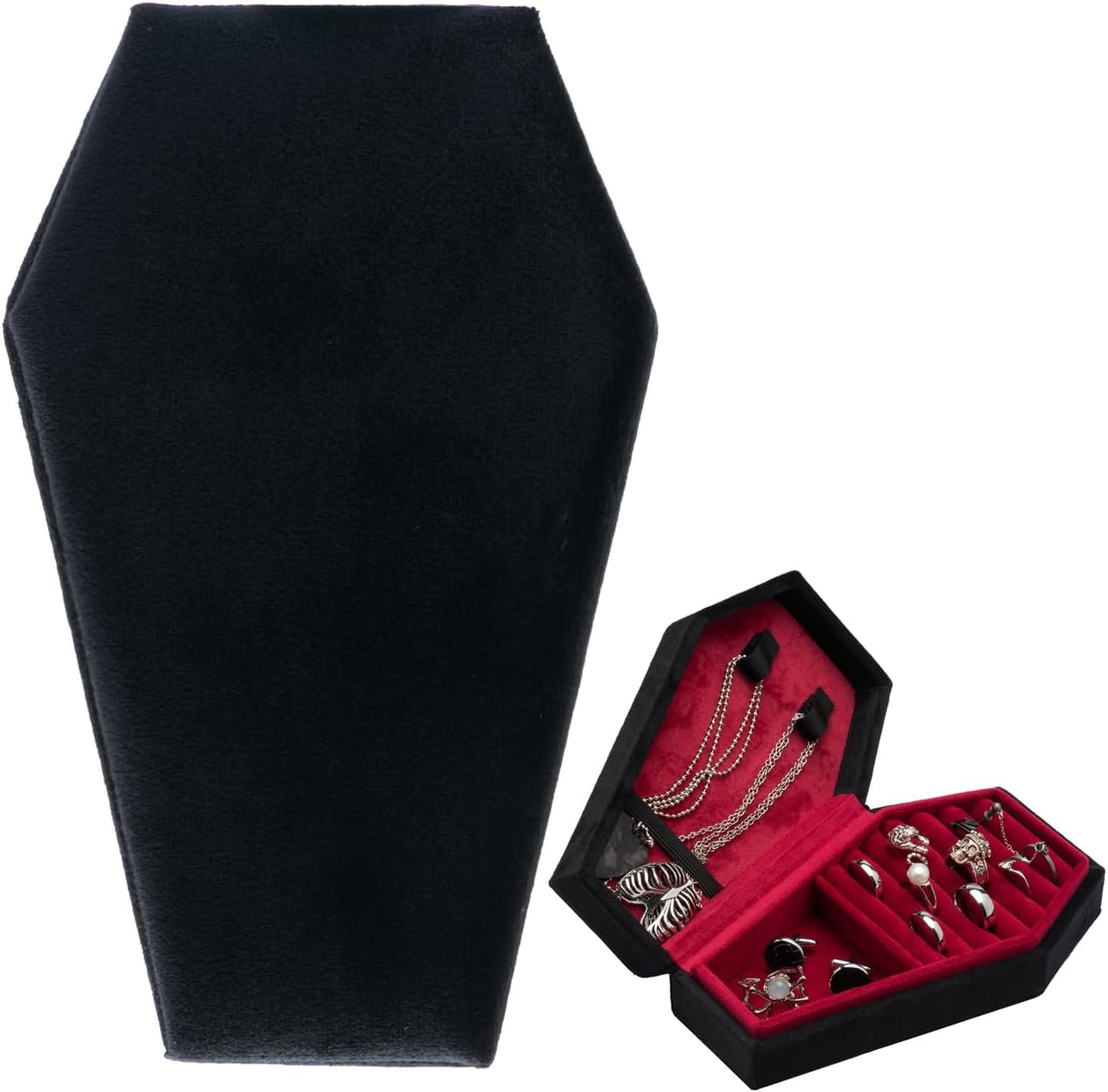 Giftop Velvet Coffin Jewelry Travel Case Holder for Gothic Wedding Ceremony Jewelry Organizer Decoration (Black and Red)
