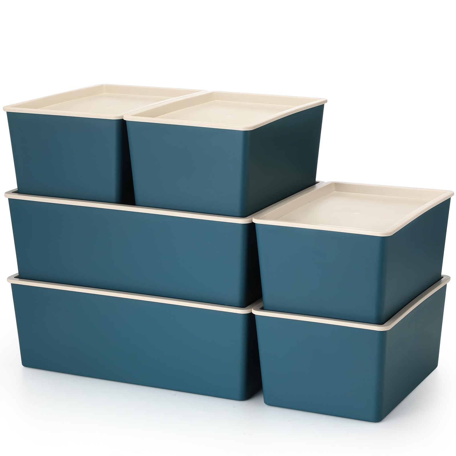 Menkxi 6 Pcs Large and Small Plastic Storage Bins with Lids 14.4 x 10.4 x 5.1 Inch Stackable Storage Containers Decorative Cubby Organizer for Clothes