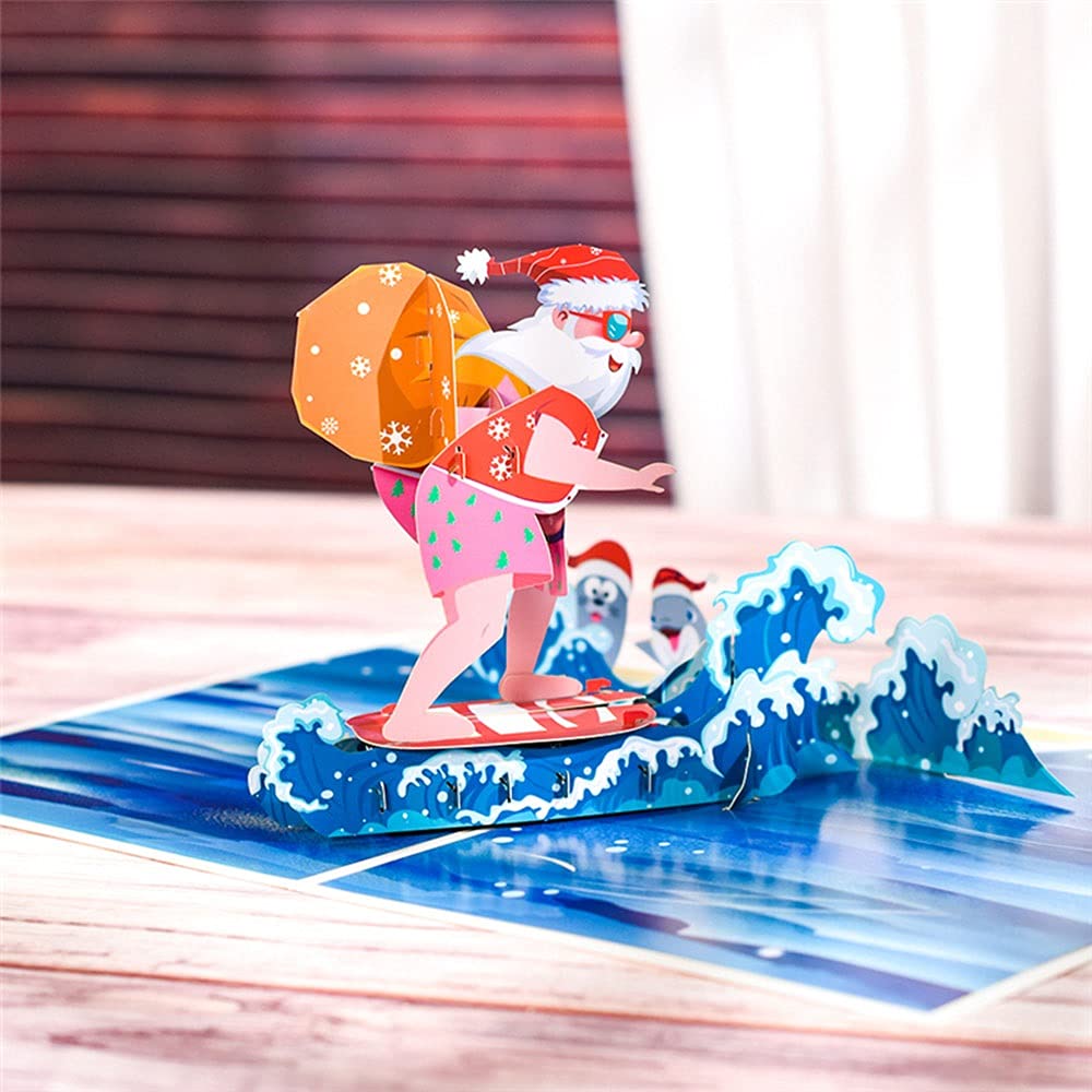 RAN 3D Weihnachten Grußkarten mit Umschlag,5 Pack Santa Claus Surfen Pop Up Weihnachtskarte Urlaub Geschenk