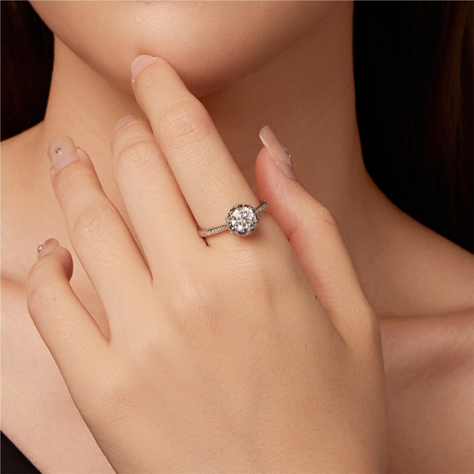Pierścionek z motywem kwiatowym z moissanitem D-Color 1ct dla kobiet – obrączka ślubna ze srebra próby 925, łączona obrączka eternity dla panien młodych i na co dzień