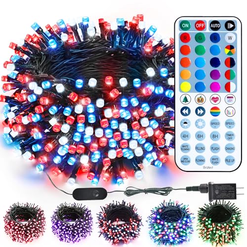 Brizled Color Changing RGB Christmas Lights, 66ft 200 LED Red White Blue String Lights Music Sync, 120+ Modes Remote Dimmable Outdoor Mini Tree Light Indoor Plugin for July 4th Xmas Halloween