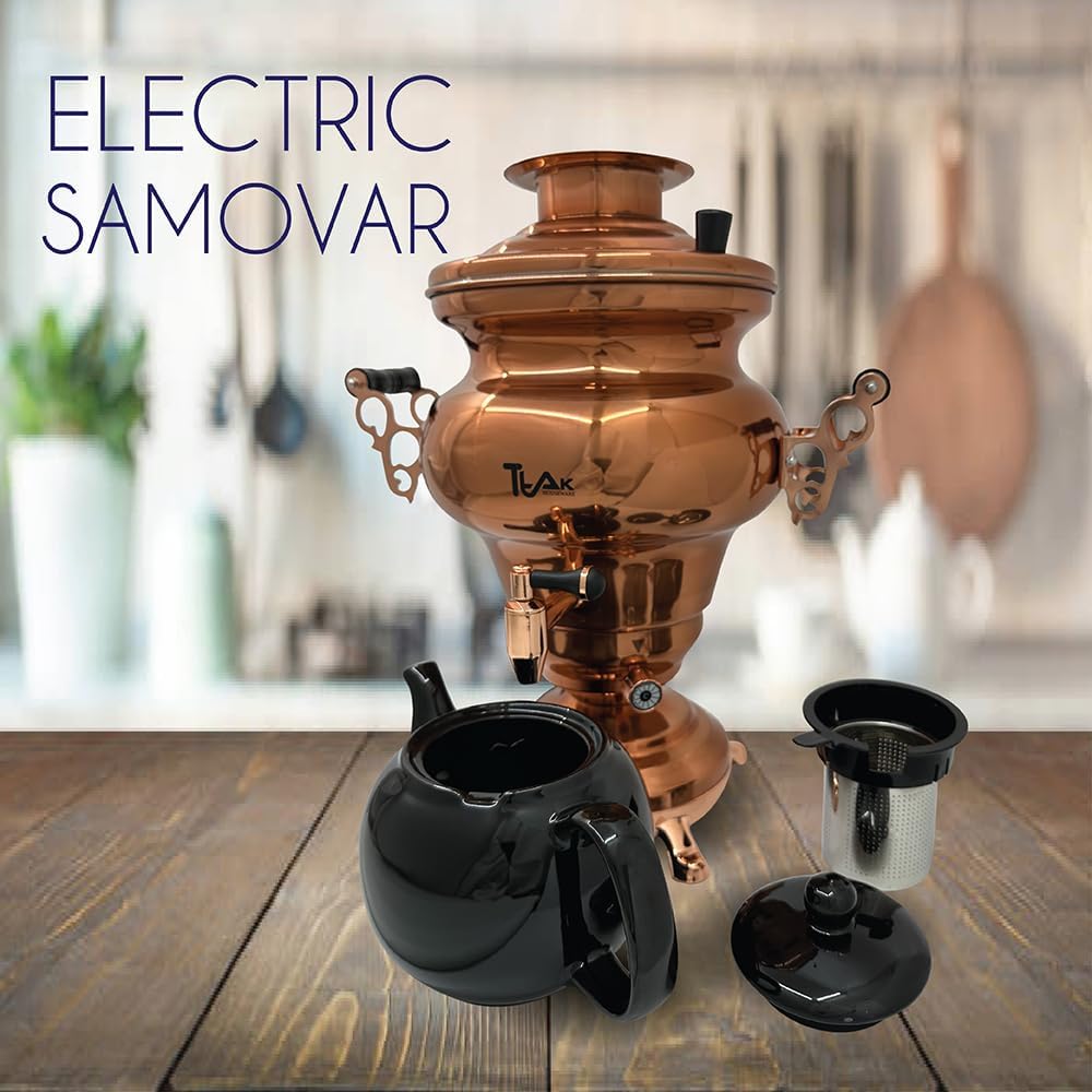 Electric Stainless Steel Copper Design Samovar - Premium Modern Design Tea Kettle Overheat Protection Porcelain Teapot (1.2 Liters) Large Stainless Steel (5 +1 Liters) (Copper)